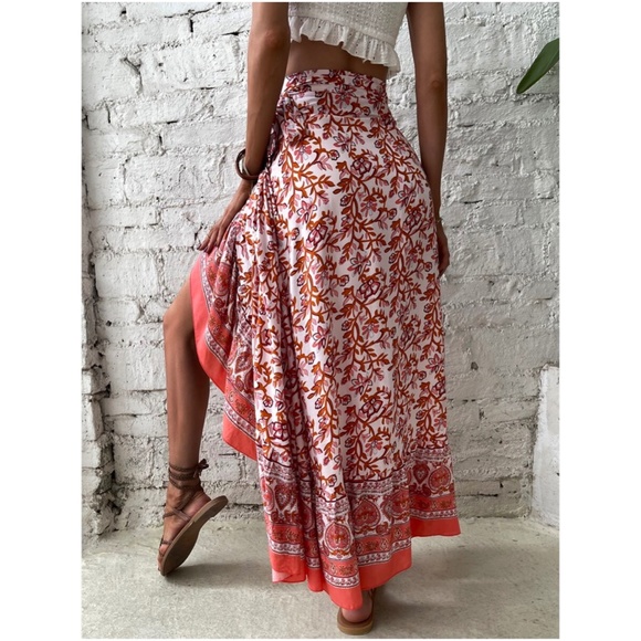 Boho Blue Floral Print Ruffle Wrap maxi Skirt - Picture 6 of 10